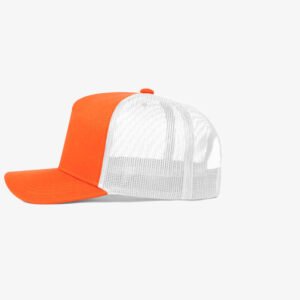 Boné trucker de sarja frente laranja fluorescente e traseira de tela branca - Lateral