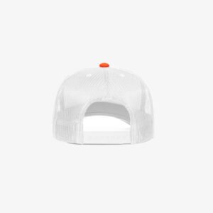 Boné trucker de sarja frente laranja fluorescente e traseira de tela branca - Traseiro